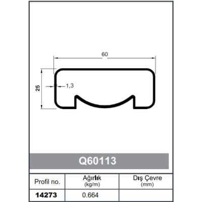 Kare Küpeşte Profil  60 x 25 - 1,3 mm