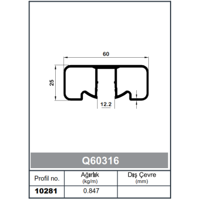 Kare Küpeşte Profil Orta Kanallı 60 x 25 - 1,6 mm